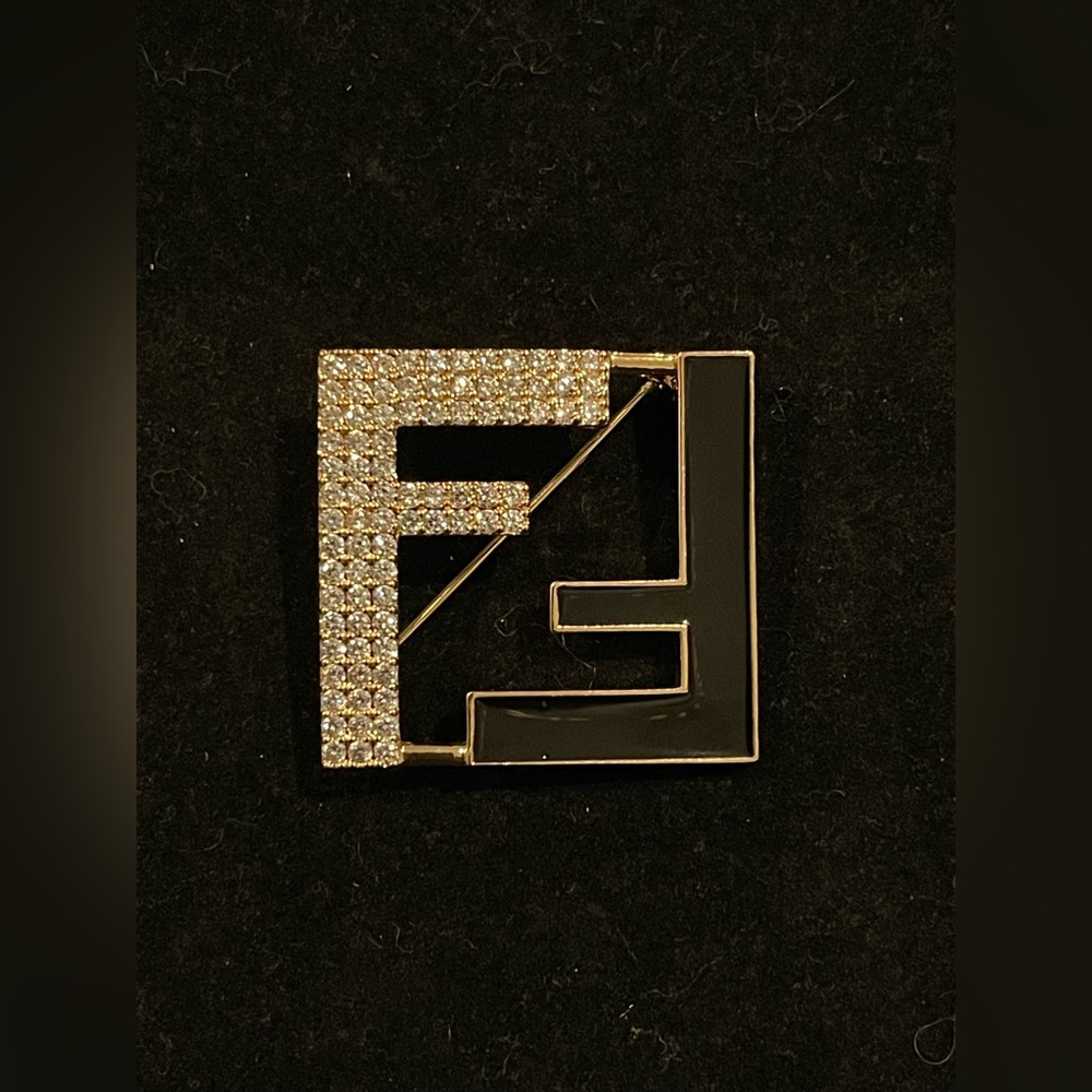 Fashion Jewelry Stamped Black & Gold Logo Brooch